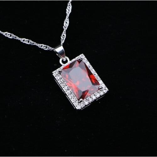 925 Sterling Silver Chain Necklace Square Red Garnet White Cubic Zirconia Slide Pendant For Women Wedding/Engagement/Party/Gifts