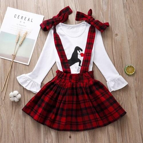 Kids Childrens Long Sleeve Suit Green Plaid Skirt Clover Strap Skirt Stripe Birthday Gift 1-6T