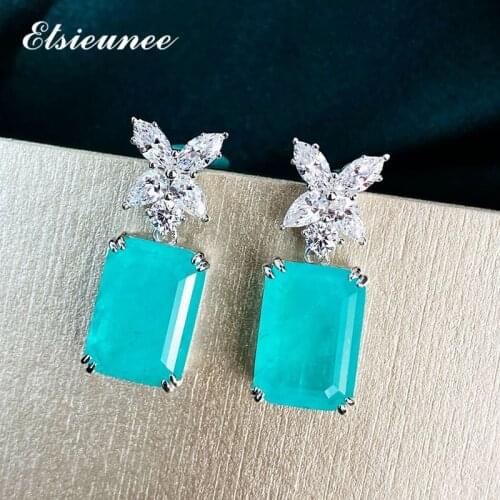 ELSIEUNEE 100% 925 Sterling Silver Paraiba Tourmaline Diamond Gemstone Dangle Drop Earrings Anniversary Fine Jewelry Wholesale