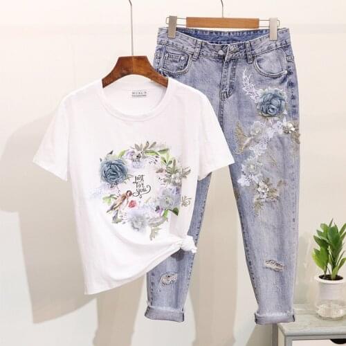 Amolapha Women Heavy Work 3D Flower Printed Cotton Tshirts+ Jeans 2 Pieces Clothing Sets Suits