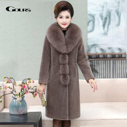 GOURS Real Fur Jacket Middle Aged Women Winter Long Coats and Jackets Natural Wool Clothes Fox Fur Collar Warm Plus Size LD8828