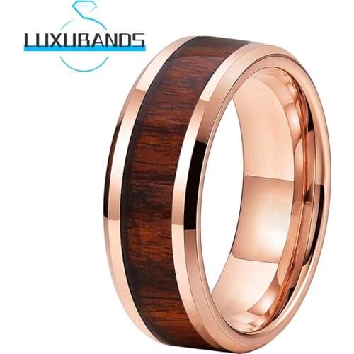 8MM Tungsten Carbide Rings For Men Women Rose Gold Beveled Wood Inlay Wedding Bands Polished Finished Comfort Fit