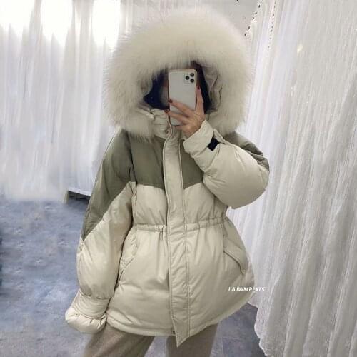 Korean Big Real Raccon Fur Winter Women 90% White Duck Down Short Parkas Female Sash Tie Up Snow Coat Loose Warm Jackets