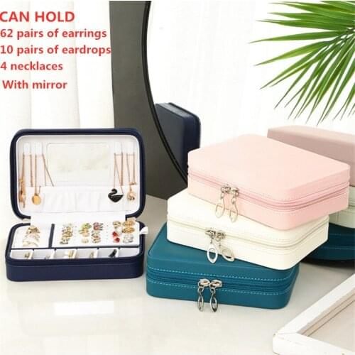 Leather Mirror Zipper Jewelry Box Ring Earrings Organizer Ear Studs Display Stand Holder Rack Showcase Plate Fashion Storage Box
