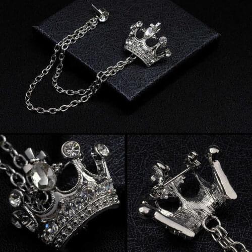 Lapel Pin Neck Collar Tip Mens Rhinestone Chain Brooch Silver Color Suit Silver Color Crown Chain Tassels Suit Brooch