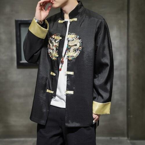 Chinese Style Mens Clothing Embroidered Long Sleeve Stand Collar Hanfu Autumn Jacket New Years Traditional Clothes coat tops
