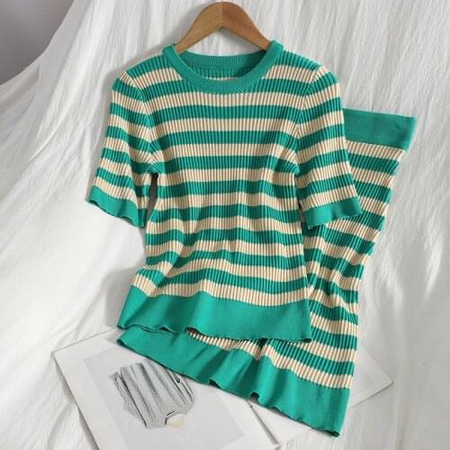 New Summer 2 Piece Suit Ladies Fashion Knitting Striped Korea Shor Sleeve O Neck Tops and Mini Skirt Sexy Set for Women Clothing