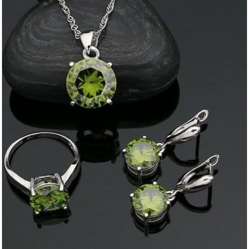 Olive Green Jewelry Set Cubic Zirconia 925 Silver Ring Earrings Chain Pendant Retro Jewelry Girl Accessories for Party