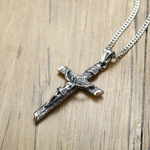 Crucifix Cross Charms Necklace Pendant Stainless Steel Punk Jewelry For Men Male Jesus Rosary Christening Gift