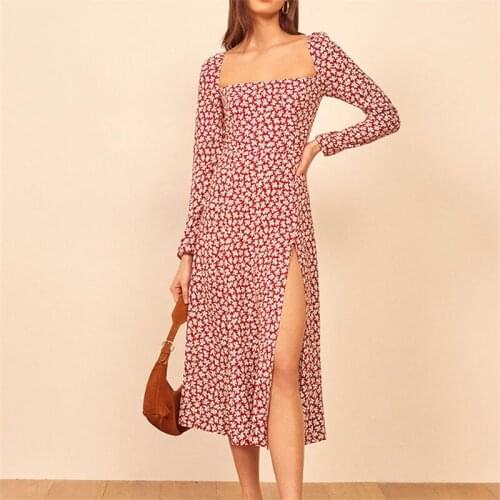 Casual Dress Autumn 2021 Elegant Square Collar Sexy Dresses Vintage Chic Floral Printed Party Night Club High Waist Dress