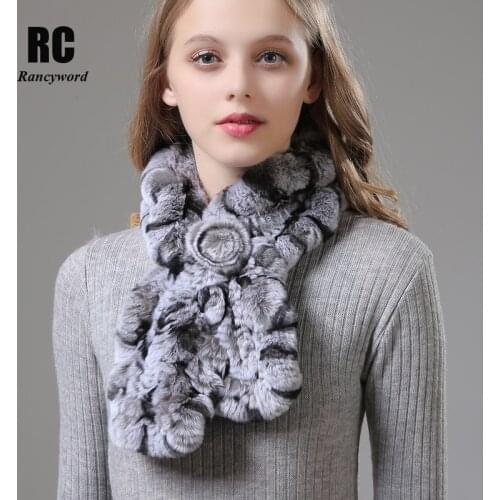 [Rancyword] Fashion Natural Rabbit fur Scarf For Women Knitted Warm Winter scarves poncho Girls Real Fur Scarf For Women RC1375