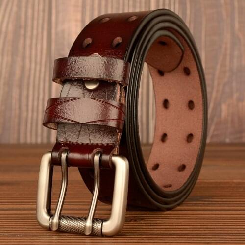 New Fashion Mens Belt Genuine Leather Causal Cowhide Double Pins Buckle Jeans Belts for Man Leather Hollowed Holes Waistbands