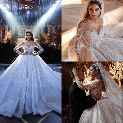 2020 Dubai Luxury Wedding Dresses Sheer Neck Long Sleeves Lace Sequined Vintage Wedding Dress Plus Size robes de mariée