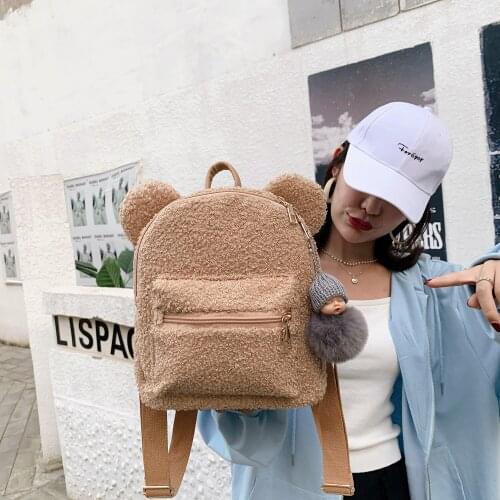 Bear Ears Furry Backpack For Girls 2021 Autum/Winter New Kawaii Backpack Plush Cute Faux Fur Women Shoulders Bag Solid Color