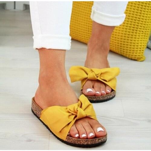 Large Size Bow Sandals Women Spring and Summer New Solid Color Ladies Flower Flat Slippers Flat Slippers for Women