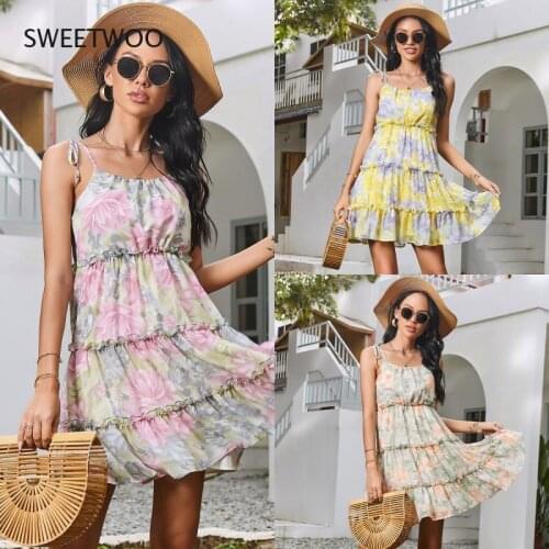 Floral Print Boho Sundress Women Ruffle Summer Dress Casual Beach Short Dress Vintage Slip Dress Women Fashion Clothing 2021