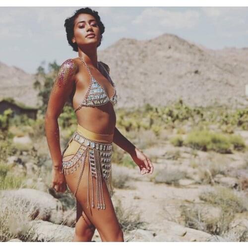 Sexy Women Trendy seaside beach shiny jewelry bra body jewelry and waist chain Tassel Backless Nightclub Party body Set