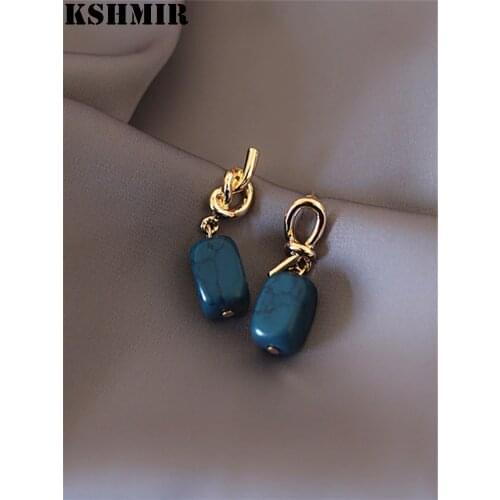 Kshmir Earrings lake blue stone rope art bright gold temperament 2020 new asymmetrical earrings