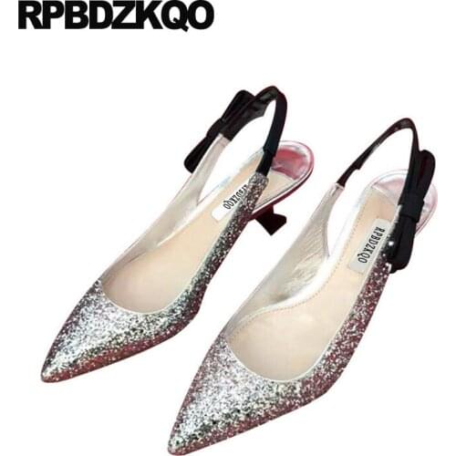 Wedding Glitter Bride Gold Bridal Shoes Evening Silver Summer Pointed Toe Medium Heels Women Kitten Sandals Slingback Size 4 34