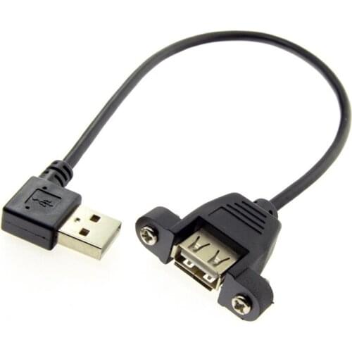 20cm 90 Degree Angled USB 2.0 A Male to Female Extension Cable With Panel Mount Hole Black color