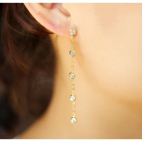 Vintage Long Chain Tassel Drop Earrings 5 Clear Round CZ Crystal Piercing Pendant Dangle Earrings Women Princess Party Jewelry