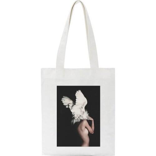 New Arrival Fashion Basic Wings Feather Print Shoulder Bag Harajuku Casual Canvas Tote Bags Large Capacity Womens Handbags
