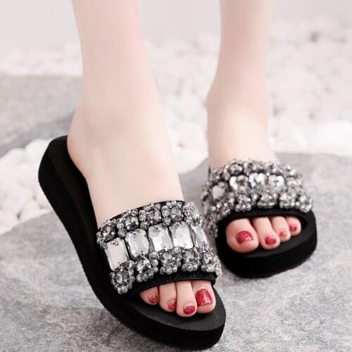 3-6cmHigh Heel Womens Summer Rhinestone Ladies Flip Flops Fashion Vacation Beach Shoes Non Slip Slip House Slippers ShoesWomen