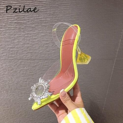 Pzilae women PVC sandals summer 2020 femal crystal sun decoration wedding shoes sexy ladies pointed toe perspex heel pumps