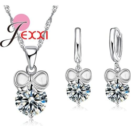 Free Shipping Fashion Brand Bow Pendant Necklaces Earrings Jewelry Set For Women 925 Sterling Silver Wedding Bridal Set