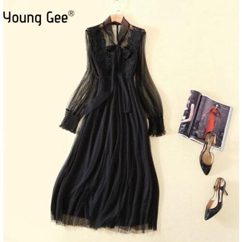 Young Gee Two Piece Women Lantern Sleeve Bow Collar Dresses NEW Sweet Floral Lace Dress Female Polka Dots Mesh Dress Vestido