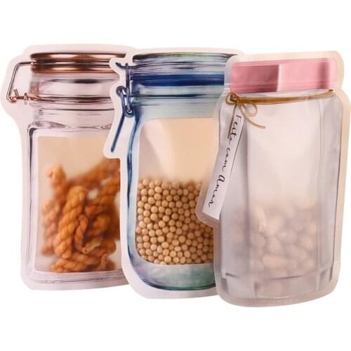 10pcs Food Sealed Bag Stand Up Pouch Mason Bottle Ziplock Bag Reusable PE Plastic Storage Bag Nuts Candy Cookies Snack Organizer