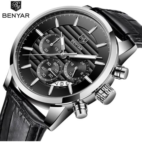 BENYAR New Fashion Black Quartz Watch Genuine Leather Waterproof Men Wristwatch Luxury Brand Luminous Sport Casual Date Clock