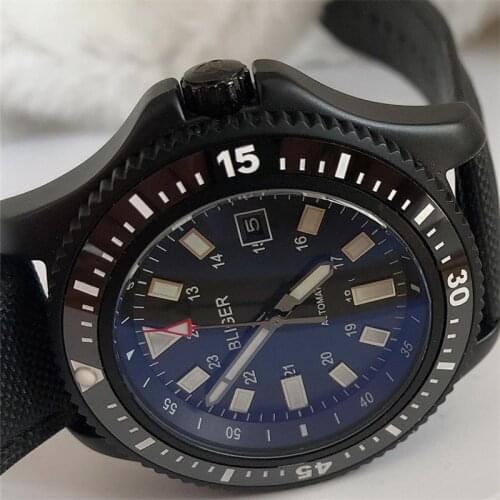 Bliger 44mm Stainless Steel Case Blue Dial Black Ceramic Bezel Luminous Automatic Waterproof Mens Date Watch