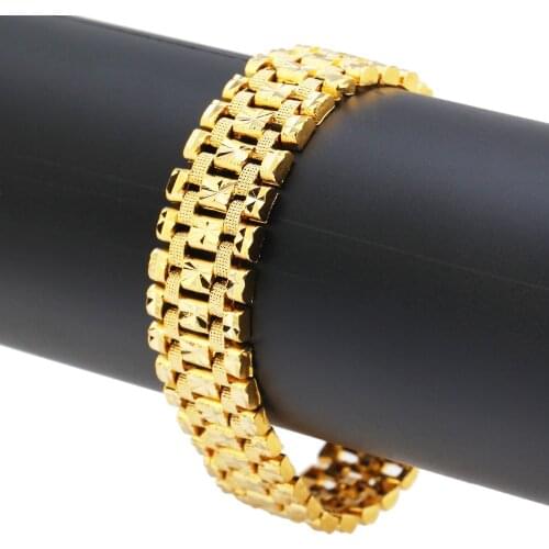 Dubai Gold Bracelet Gold Color Jewelry Holiday Gifts For Men 16mm Wide Chain Handmade Bracelet Jewelry