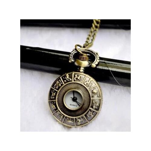 Retro Steampunk Carve 12Constellation Zodiac Pocket Watch Necklace Chain