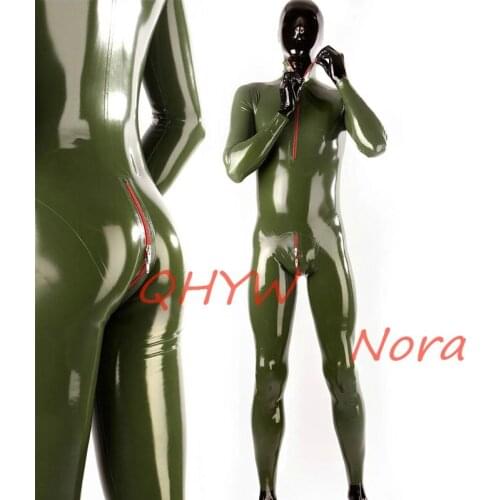 Army Green Latex Fetish Catsuit with Front Zip Rubber Jumpsuit Handmade Uniform Bodysuit (no hood no gloves)