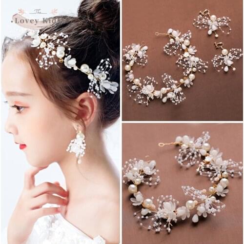 Baby Girl Crown 2021 Princess Sweet Flower Beading Patchwork Headdress with Earrings Wedding Birthday Headpiece Hair Wreath