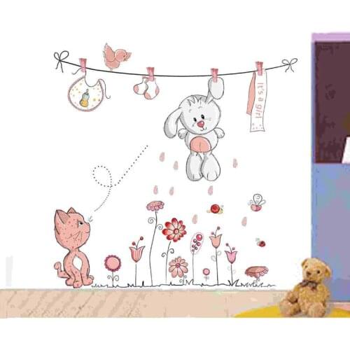 Cartoon cat and bunny girl rooms wall sticker Childrens bedroom wallpaper decoration Cute animals Home Decor stickers