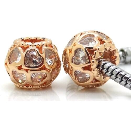 New Valentines Jewelry Authentic Rose Gold Pave Clear Zirconia Openwork Heart Bead Charm Fits Pandora Bracelet DIY Making