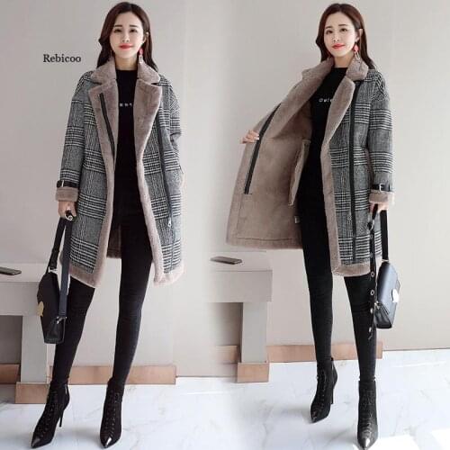 Womens Lambs Wool Coat Lapel Mid-Length Korean Winter New Thick and Velvet Plaid Warm Ladies Coat