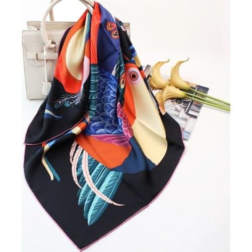 POBING 100% Real Twill Silk Scarf Women Toucan Bird Print Square Scarves Wraps Hand Rolled Foulards Femme Bandana Hijab 90CM