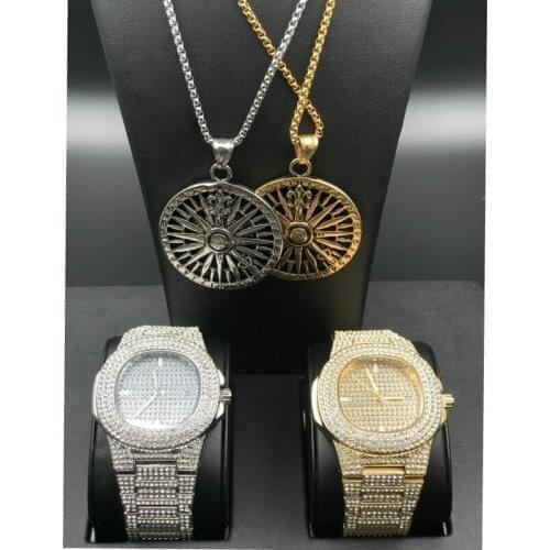 Luxury Men Watch Hip Hop Jewelry Wheel Pendant Rhinestone Gold Necklace Combo Set Cuban Chain Watch & Necklace Hip Hop For Men