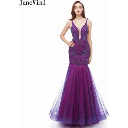 JaneVini Sexy Deep V Neck Mermaid Evening Dresses Long 2019 Luxury Beaded Exquisite Embroidery Backless Tulle Dubai Formal Dress