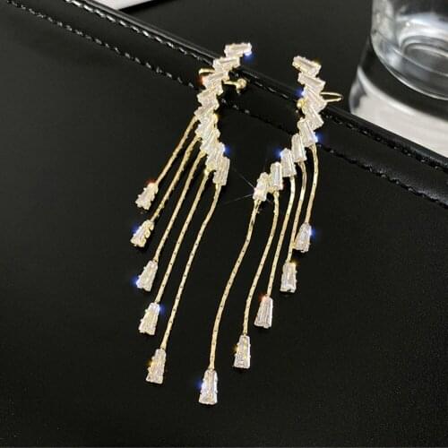 2020 New Long Crystal Tassel Gold Color Dangle Earrings for Women Wedding Drop Earing Fashion Jewelry Gifts sweet Clip Earrings