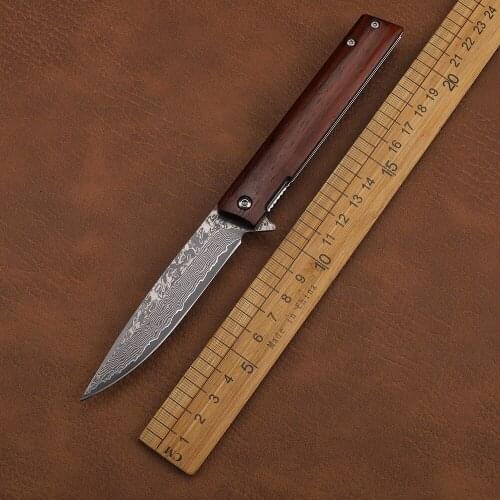 Damascus Steel Households Carry Folded Red Sandalwood Handle High Hardness Sharp Strategy EDC Tool Knife