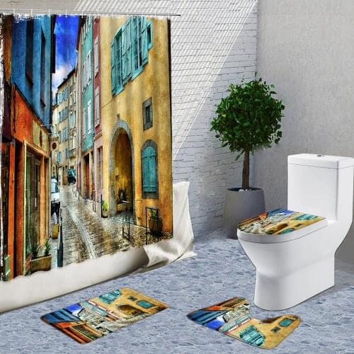 Old Vintage European Style Country Street Shower Curtains 4 Piece Set Medieval Retro Bathroom Curtain Set Bath Mats Rug Carpet