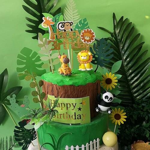 Jungle Series Cake Topper Tropical Felt Leaves Animal Cupcake Toppers Forest Theme Kids Birthday Party Cakes Decoration Supplies