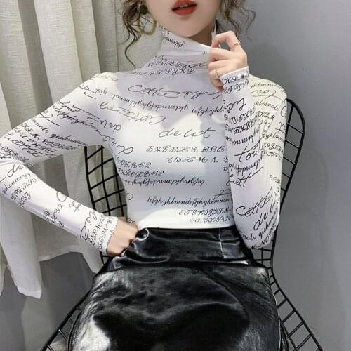 Print Letter Tops Doodle T-shirt Spring Vintage Women High Neck Long Sleeve Slim Stretchy Tee Shirt Femme Casual Winter Clothes