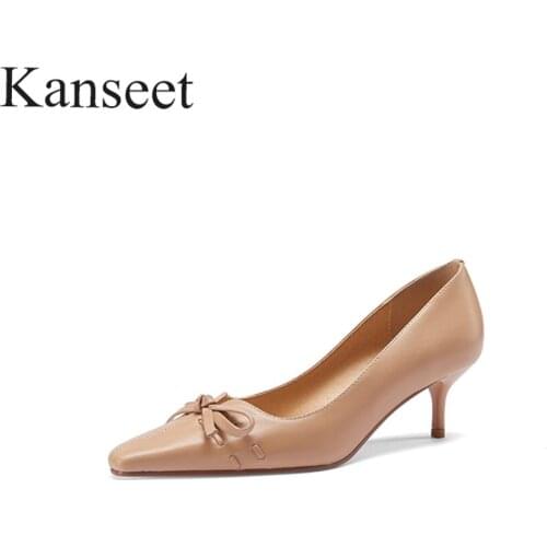 Kanseet Butterfly-Knot Decoration Square Toe Mid Heels Shoes Women Shoes Genuine Leather 2021 Spring Autumn Shallow Women Pumps