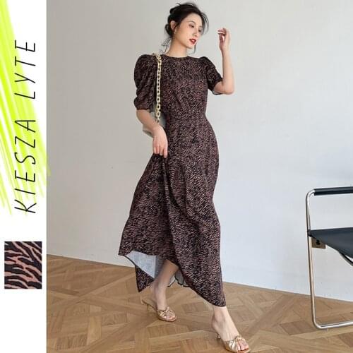 Vintage Print Puffed Sleeve Dress Summer Clothes for Women Zebra High Waist Midi Dresses Robe Femme 2021 New Vestidos